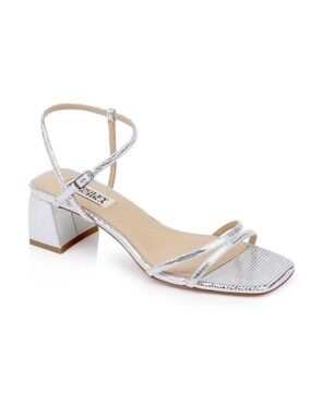 BADGLEY MISCHKA Carlota Textured Block-Heeled Sandals Silver 9.5 NEW Formal Heel